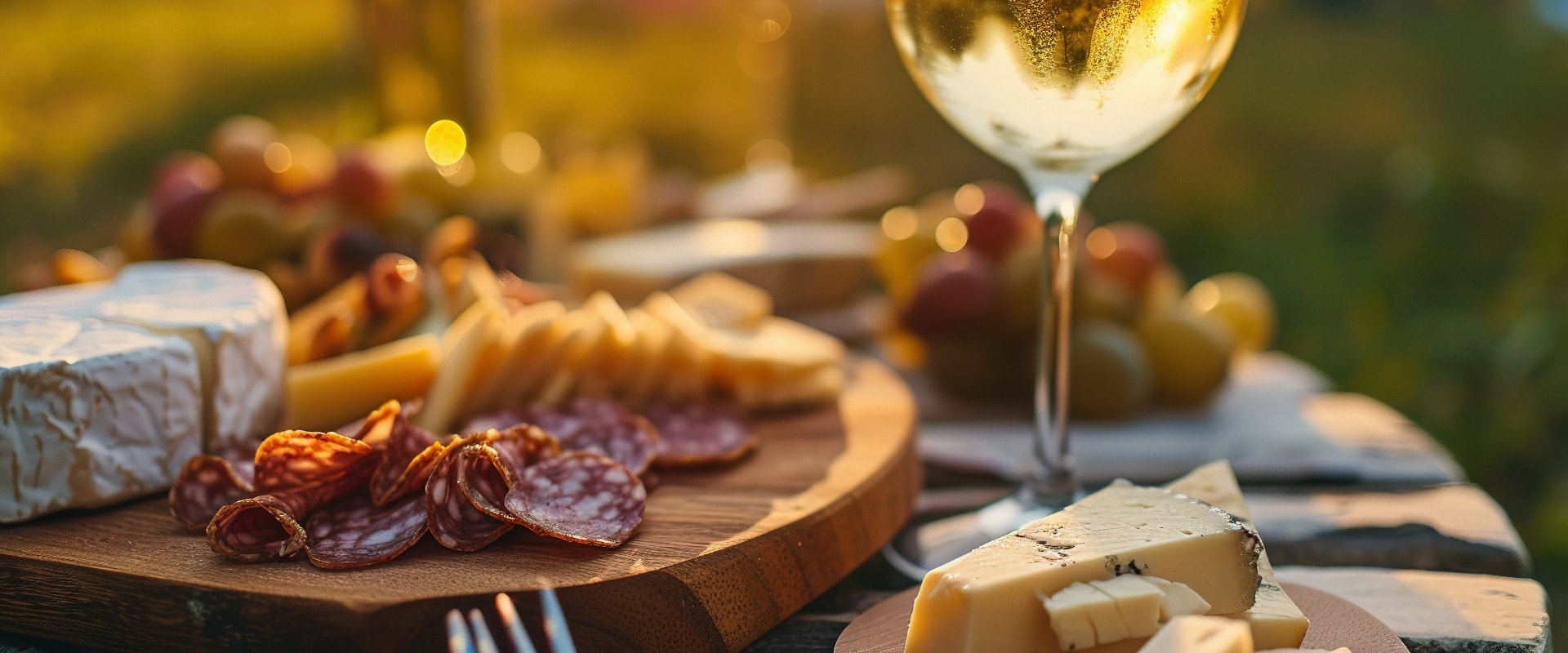 Picknick mit Weißwein, serviert im Freien mit Käse und Wurstwaren, Sonnenuntergangslicht