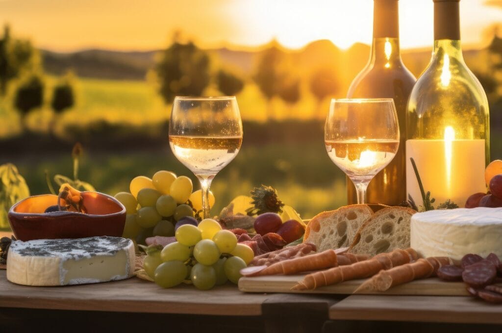 Picknick mit Weißwein, serviert im Freien mit Käse und Wurstwaren, Sonnenuntergangslicht